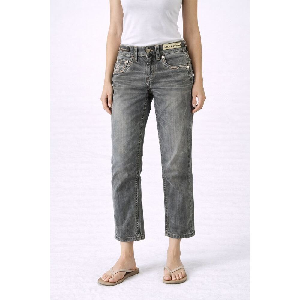 Rock Revival Grey Embellished 28x26 Slim Straight boris cropped Y2K Bling Denim